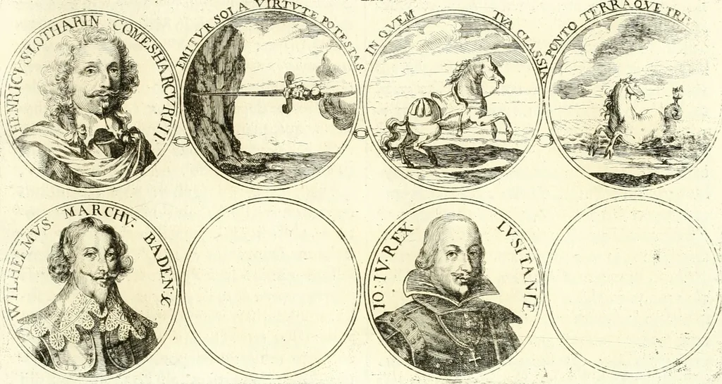 An illustration from Aquilae Austriacae pars secunda, seu, Monarchiae occidentalis tomus octauus : in quo imperatores Austrii a Maximiliano II vsquè ad coronationem Leopoldi Primi Occidentis imperatorem LI elogijs, hieroglyphicis, numismatibus, insignibus, symbolis, imaginibus antiquis ad viuum exhibentur exculpti, & longa historiarum serie exarati : vt nihil relictum sit, quod prisci vel hodierni habeant annales, sed diplomata, leges, indulta, genealogiae, donationes, priuilegia offeruntur congesta : inseruntur et regum principumque imagines, nummi honorarij, castrenses, triumphales, votiui, missiles, &c. qui sanguine, foedere, bello imperatoribus iuncti, occurrunt in opere : subijcitur cuique caesarum appendix symbolica, sacrolegalis, & historicopolitica, in qua symbolis & hieroglyphicis, are affabrè exculptis, Caesares eorumq[ue] gesta pinguntur & explanantur, 1679, leaf 250