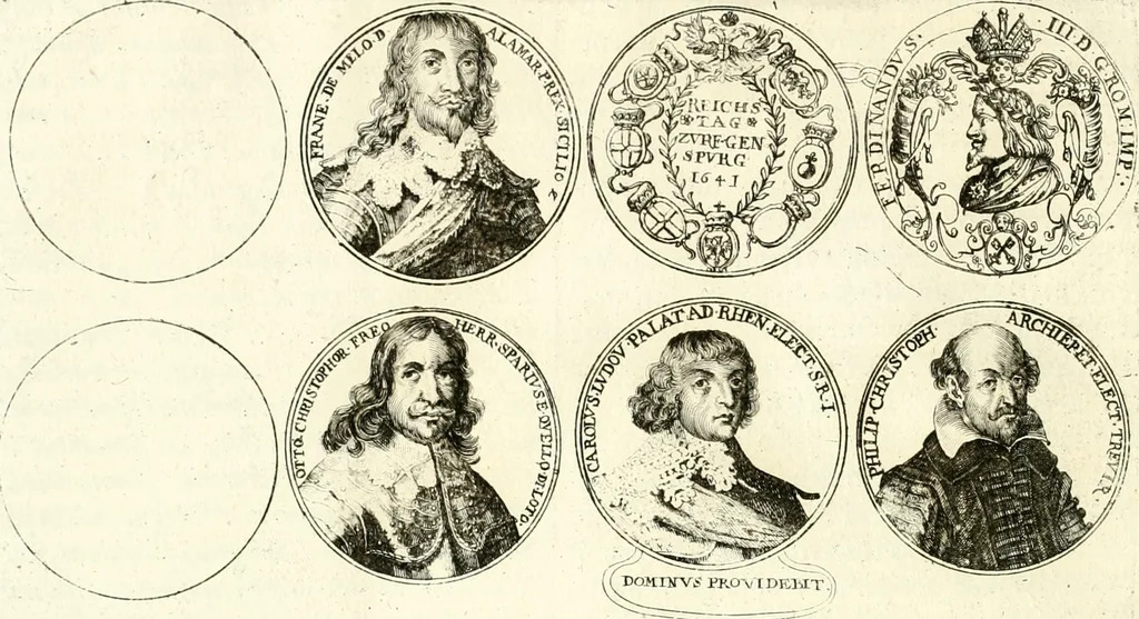 An illustration from Aquilae Austriacae pars secunda, seu, Monarchiae occidentalis tomus octauus : in quo imperatores Austrii a Maximiliano II vsquè ad coronationem Leopoldi Primi Occidentis imperatorem LI elogijs, hieroglyphicis, numismatibus, insignibus, symbolis, imaginibus antiquis ad viuum exhibentur exculpti, & longa historiarum serie exarati : vt nihil relictum sit, quod prisci vel hodierni habeant annales, sed diplomata, leges, indulta, genealogiae, donationes, priuilegia offeruntur congesta : inseruntur et regum principumque imagines, nummi honorarij, castrenses, triumphales, votiui, missiles, &c. qui sanguine, foedere, bello imperatoribus iuncti, occurrunt in opere : subijcitur cuique caesarum appendix symbolica, sacrolegalis, & historicopolitica, in qua symbolis & hieroglyphicis, are affabrè exculptis, Caesares eorumq[ue] gesta pinguntur & explanantur, 1679, leaf 253