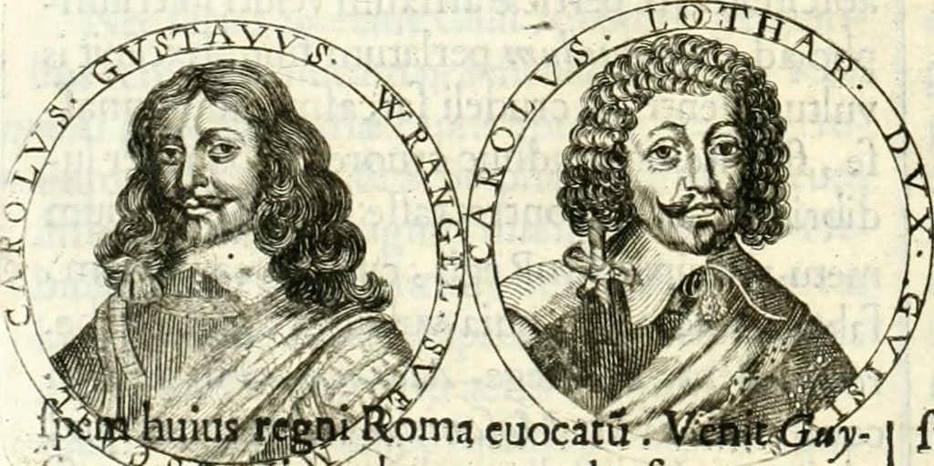 An illustration from Aquilae Austriacae pars secunda, seu, Monarchiae occidentalis tomus octauus : in quo imperatores Austrii a Maximiliano II vsquè ad coronationem Leopoldi Primi Occidentis imperatorem LI elogijs, hieroglyphicis, numismatibus, insignibus, symbolis, imaginibus antiquis ad viuum exhibentur exculpti, & longa historiarum serie exarati : vt nihil relictum sit, quod prisci vel hodierni habeant annales, sed diplomata, leges, indulta, genealogiae, donationes, priuilegia offeruntur congesta : inseruntur et regum principumque imagines, nummi honorarij, castrenses, triumphales, votiui, missiles, &c. qui sanguine, foedere, bello imperatoribus iuncti, occurrunt in opere : subijcitur cuique caesarum appendix symbolica, sacrolegalis, & historicopolitica, in qua symbolis & hieroglyphicis, are affabrè exculptis, Caesares eorumq[ue] gesta pinguntur & explanantur, 1679, leaf 265