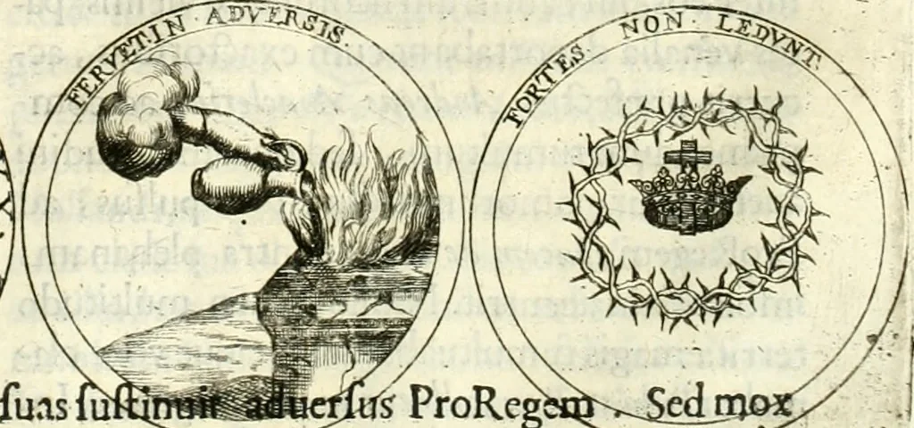 An illustration from Aquilae Austriacae pars secunda, seu, Monarchiae occidentalis tomus octauus : in quo imperatores Austrii a Maximiliano II vsquè ad coronationem Leopoldi Primi Occidentis imperatorem LI elogijs, hieroglyphicis, numismatibus, insignibus, symbolis, imaginibus antiquis ad viuum exhibentur exculpti, & longa historiarum serie exarati : vt nihil relictum sit, quod prisci vel hodierni habeant annales, sed diplomata, leges, indulta, genealogiae, donationes, priuilegia offeruntur congesta : inseruntur et regum principumque imagines, nummi honorarij, castrenses, triumphales, votiui, missiles, &c. qui sanguine, foedere, bello imperatoribus iuncti, occurrunt in opere : subijcitur cuique caesarum appendix symbolica, sacrolegalis, & historicopolitica, in qua symbolis & hieroglyphicis, are affabrè exculptis, Caesares eorumq[ue] gesta pinguntur & explanantur, 1679, leaf 265