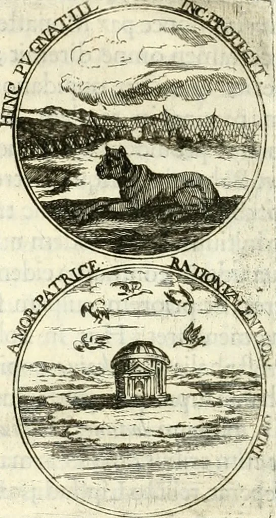 An illustration from Aquilae Austriacae pars secunda, seu, Monarchiae occidentalis tomus octauus : in quo imperatores Austrii a Maximiliano II vsquè ad coronationem Leopoldi Primi Occidentis imperatorem LI elogijs, hieroglyphicis, numismatibus, insignibus, symbolis, imaginibus antiquis ad viuum exhibentur exculpti, & longa historiarum serie exarati : vt nihil relictum sit, quod prisci vel hodierni habeant annales, sed diplomata, leges, indulta, genealogiae, donationes, priuilegia offeruntur congesta : inseruntur et regum principumque imagines, nummi honorarij, castrenses, triumphales, votiui, missiles, &c. qui sanguine, foedere, bello imperatoribus iuncti, occurrunt in opere : subijcitur cuique caesarum appendix symbolica, sacrolegalis, & historicopolitica, in qua symbolis & hieroglyphicis, are affabrè exculptis, Caesares eorumq[ue] gesta pinguntur & explanantur, 1679, leaf 271