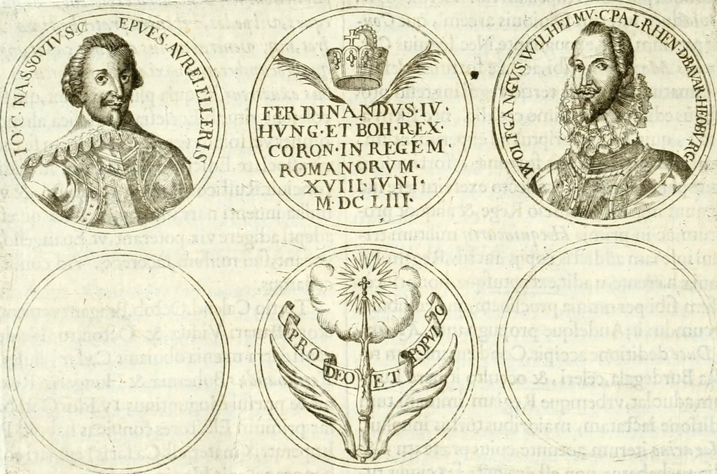 An illustration from Aquilae Austriacae pars secunda, seu, Monarchiae occidentalis tomus octauus : in quo imperatores Austrii a Maximiliano II vsquè ad coronationem Leopoldi Primi Occidentis imperatorem LI elogijs, hieroglyphicis, numismatibus, insignibus, symbolis, imaginibus antiquis ad viuum exhibentur exculpti, & longa historiarum serie exarati : vt nihil relictum sit, quod prisci vel hodierni habeant annales, sed diplomata, leges, indulta, genealogiae, donationes, priuilegia offeruntur congesta : inseruntur et regum principumque imagines, nummi honorarij, castrenses, triumphales, votiui, missiles, &c. qui sanguine, foedere, bello imperatoribus iuncti, occurrunt in opere : subijcitur cuique caesarum appendix symbolica, sacrolegalis, & historicopolitica, in qua symbolis & hieroglyphicis, are affabrè exculptis, Caesares eorumq[ue] gesta pinguntur & explanantur, 1679, leaf 279