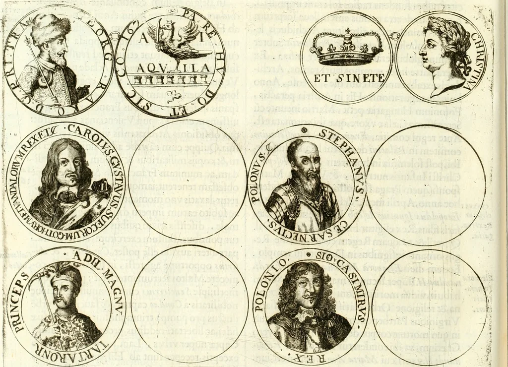 An illustration from Aquilae Austriacae pars secunda, seu, Monarchiae occidentalis tomus octauus : in quo imperatores Austrii a Maximiliano II vsquè ad coronationem Leopoldi Primi Occidentis imperatorem LI elogijs, hieroglyphicis, numismatibus, insignibus, symbolis, imaginibus antiquis ad viuum exhibentur exculpti, & longa historiarum serie exarati : vt nihil relictum sit, quod prisci vel hodierni habeant annales, sed diplomata, leges, indulta, genealogiae, donationes, priuilegia offeruntur congesta : inseruntur et regum principumque imagines, nummi honorarij, castrenses, triumphales, votiui, missiles, &c. qui sanguine, foedere, bello imperatoribus iuncti, occurrunt in opere : subijcitur cuique caesarum appendix symbolica, sacrolegalis, & historicopolitica, in qua symbolis & hieroglyphicis, are affabrè exculptis, Caesares eorumq[ue] gesta pinguntur & explanantur, 1679, leaf 289