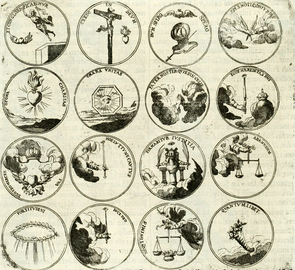 An illustration from Aquilae Austriacae pars secunda, seu, Monarchiae occidentalis tomus octauus : in quo imperatores Austrii a Maximiliano II vsquè ad coronationem Leopoldi Primi Occidentis imperatorem LI elogijs, hieroglyphicis, numismatibus, insignibus, symbolis, imaginibus antiquis ad viuum exhibentur exculpti, & longa historiarum serie exarati : vt nihil relictum sit, quod prisci vel hodierni habeant annales, sed diplomata, leges, indulta, genealogiae, donationes, priuilegia offeruntur congesta : inseruntur et regum principumque imagines, nummi honorarij, castrenses, triumphales, votiui, missiles, &c. qui sanguine, foedere, bello imperatoribus iuncti, occurrunt in opere : subijcitur cuique caesarum appendix symbolica, sacrolegalis, & historicopolitica, in qua symbolis & hieroglyphicis, are affabrè exculptis, Caesares eorumq[ue] gesta pinguntur & explanantur, 1679, leaf 291