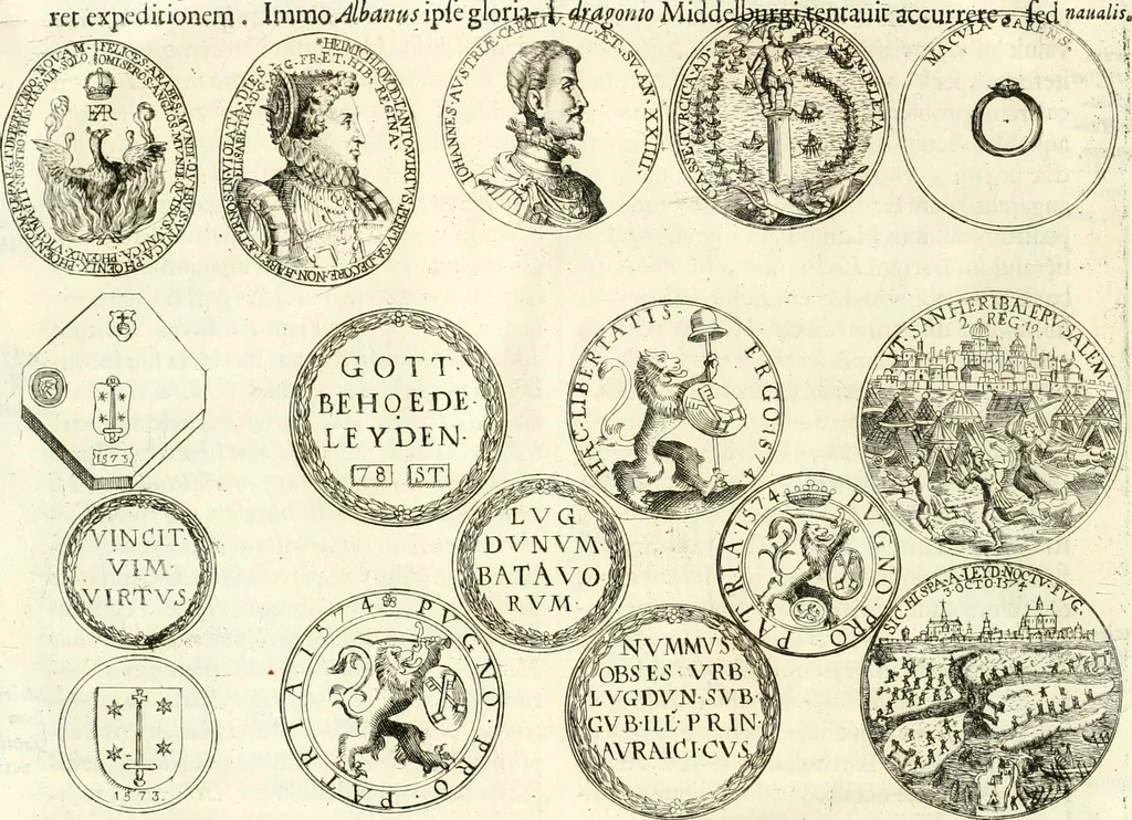 An illustration from Aquilae Austriacae pars secunda, seu, Monarchiae occidentalis tomus octauus : in quo imperatores Austrii a Maximiliano II vsquè ad coronationem Leopoldi Primi Occidentis imperatorem LI elogijs, hieroglyphicis, numismatibus, insignibus, symbolis, imaginibus antiquis ad viuum exhibentur exculpti, & longa historiarum serie exarati : vt nihil relictum sit, quod prisci vel hodierni habeant annales, sed diplomata, leges, indulta, genealogiae, donationes, priuilegia offeruntur congesta : inseruntur et regum principumque imagines, nummi honorarij, castrenses, triumphales, votiui, missiles, &c. qui sanguine, foedere, bello imperatoribus iuncti, occurrunt in opere : subijcitur cuique caesarum appendix symbolica, sacrolegalis, & historicopolitica, in qua symbolis & hieroglyphicis, are affabrè exculptis, Caesares eorumq[ue] gesta pinguntur & explanantur, 1679, leaf 39