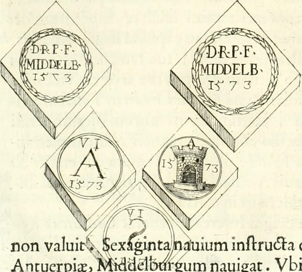 An illustration from Aquilae Austriacae pars secunda, seu, Monarchiae occidentalis tomus octauus : in quo imperatores Austrii a Maximiliano II vsquè ad coronationem Leopoldi Primi Occidentis imperatorem LI elogijs, hieroglyphicis, numismatibus, insignibus, symbolis, imaginibus antiquis ad viuum exhibentur exculpti, & longa historiarum serie exarati : vt nihil relictum sit, quod prisci vel hodierni habeant annales, sed diplomata, leges, indulta, genealogiae, donationes, priuilegia offeruntur congesta : inseruntur et regum principumque imagines, nummi honorarij, castrenses, triumphales, votiui, missiles, &c. qui sanguine, foedere, bello imperatoribus iuncti, occurrunt in opere : subijcitur cuique caesarum appendix symbolica, sacrolegalis, & historicopolitica, in qua symbolis & hieroglyphicis, are affabrè exculptis, Caesares eorumq[ue] gesta pinguntur & explanantur, 1679, leaf 39