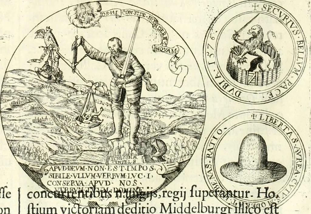An illustration from Aquilae Austriacae pars secunda, seu, Monarchiae occidentalis tomus octauus : in quo imperatores Austrii a Maximiliano II vsquè ad coronationem Leopoldi Primi Occidentis imperatorem LI elogijs, hieroglyphicis, numismatibus, insignibus, symbolis, imaginibus antiquis ad viuum exhibentur exculpti, & longa historiarum serie exarati : vt nihil relictum sit, quod prisci vel hodierni habeant annales, sed diplomata, leges, indulta, genealogiae, donationes, priuilegia offeruntur congesta : inseruntur et regum principumque imagines, nummi honorarij, castrenses, triumphales, votiui, missiles, &c. qui sanguine, foedere, bello imperatoribus iuncti, occurrunt in opere : subijcitur cuique caesarum appendix symbolica, sacrolegalis, & historicopolitica, in qua symbolis & hieroglyphicis, are affabrè exculptis, Caesares eorumq[ue] gesta pinguntur & explanantur, 1679, leaf 39
