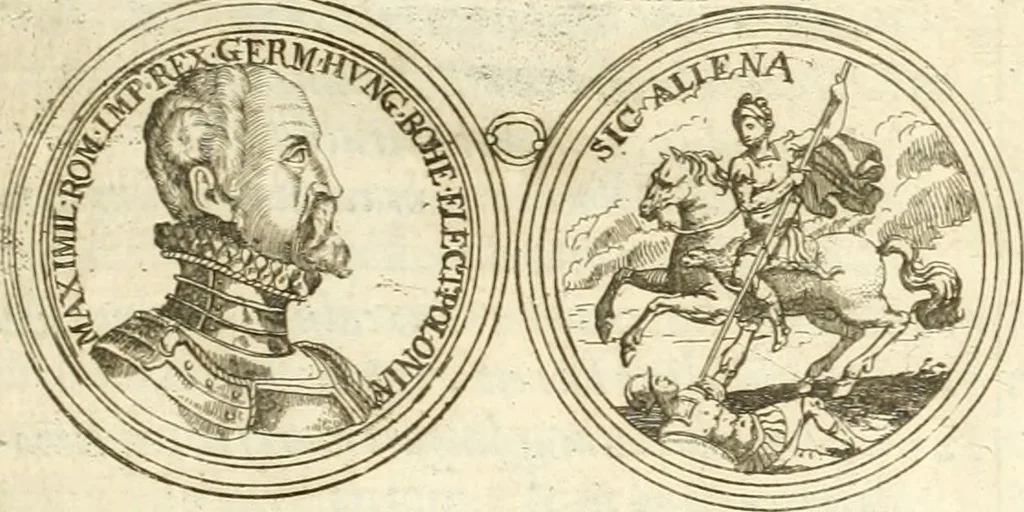 An illustration from Aquilae Austriacae pars secunda, seu, Monarchiae occidentalis tomus octauus : in quo imperatores Austrii a Maximiliano II vsquè ad coronationem Leopoldi Primi Occidentis imperatorem LI elogijs, hieroglyphicis, numismatibus, insignibus, symbolis, imaginibus antiquis ad viuum exhibentur exculpti, & longa historiarum serie exarati : vt nihil relictum sit, quod prisci vel hodierni habeant annales, sed diplomata, leges, indulta, genealogiae, donationes, priuilegia offeruntur congesta : inseruntur et regum principumque imagines, nummi honorarij, castrenses, triumphales, votiui, missiles, &c. qui sanguine, foedere, bello imperatoribus iuncti, occurrunt in opere : subijcitur cuique caesarum appendix symbolica, sacrolegalis, & historicopolitica, in qua symbolis & hieroglyphicis, are affabrè exculptis, Caesares eorumq[ue] gesta pinguntur & explanantur, 1679, leaf 42