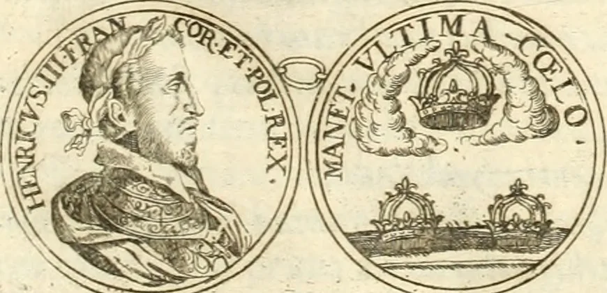 An illustration from Aquilae Austriacae pars secunda, seu, Monarchiae occidentalis tomus octauus : in quo imperatores Austrii a Maximiliano II vsquè ad coronationem Leopoldi Primi Occidentis imperatorem LI elogijs, hieroglyphicis, numismatibus, insignibus, symbolis, imaginibus antiquis ad viuum exhibentur exculpti, & longa historiarum serie exarati : vt nihil relictum sit, quod prisci vel hodierni habeant annales, sed diplomata, leges, indulta, genealogiae, donationes, priuilegia offeruntur congesta : inseruntur et regum principumque imagines, nummi honorarij, castrenses, triumphales, votiui, missiles, &c. qui sanguine, foedere, bello imperatoribus iuncti, occurrunt in opere : subijcitur cuique caesarum appendix symbolica, sacrolegalis, & historicopolitica, in qua symbolis & hieroglyphicis, are affabrè exculptis, Caesares eorumq[ue] gesta pinguntur & explanantur, 1679, leaf 42