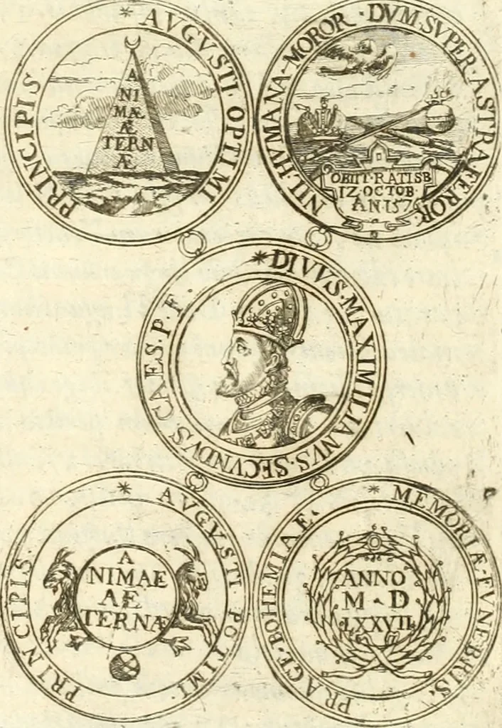 An illustration from Aquilae Austriacae pars secunda, seu, Monarchiae occidentalis tomus octauus : in quo imperatores Austrii a Maximiliano II vsquè ad coronationem Leopoldi Primi Occidentis imperatorem LI elogijs, hieroglyphicis, numismatibus, insignibus, symbolis, imaginibus antiquis ad viuum exhibentur exculpti, & longa historiarum serie exarati : vt nihil relictum sit, quod prisci vel hodierni habeant annales, sed diplomata, leges, indulta, genealogiae, donationes, priuilegia offeruntur congesta : inseruntur et regum principumque imagines, nummi honorarij, castrenses, triumphales, votiui, missiles, &c. qui sanguine, foedere, bello imperatoribus iuncti, occurrunt in opere : subijcitur cuique caesarum appendix symbolica, sacrolegalis, & historicopolitica, in qua symbolis & hieroglyphicis, are affabrè exculptis, Caesares eorumq[ue] gesta pinguntur & explanantur, 1679, leaf 42