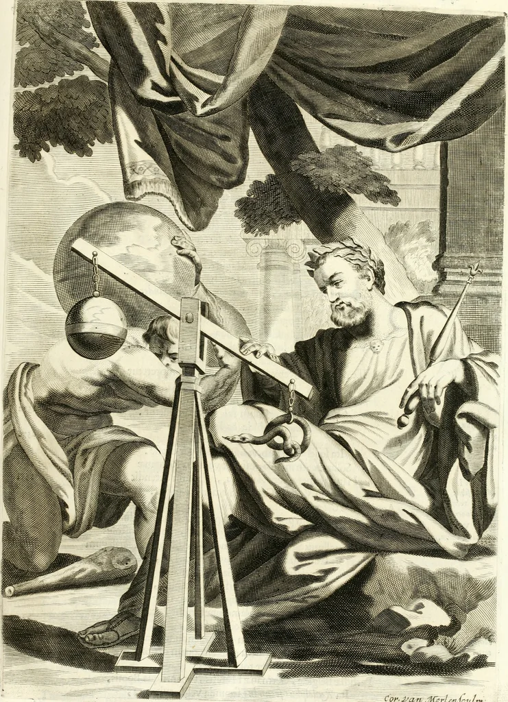 An illustration from Aquilae Austriacae pars secunda, seu, Monarchiae occidentalis tomus octauus : in quo imperatores Austrii a Maximiliano II vsquè ad coronationem Leopoldi Primi Occidentis imperatorem LI elogijs, hieroglyphicis, numismatibus, insignibus, symbolis, imaginibus antiquis ad viuum exhibentur exculpti, & longa historiarum serie exarati : vt nihil relictum sit, quod prisci vel hodierni habeant annales, sed diplomata, leges, indulta, genealogiae, donationes, priuilegia offeruntur congesta : inseruntur et regum principumque imagines, nummi honorarij, castrenses, triumphales, votiui, missiles, &c. qui sanguine, foedere, bello imperatoribus iuncti, occurrunt in opere : subijcitur cuique caesarum appendix symbolica, sacrolegalis, & historicopolitica, in qua symbolis & hieroglyphicis, are affabrè exculptis, Caesares eorumq[ue] gesta pinguntur & explanantur, 1679, leaf 52