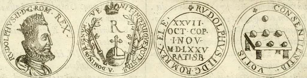 An illustration from Aquilae Austriacae pars secunda, seu, Monarchiae occidentalis tomus octauus : in quo imperatores Austrii a Maximiliano II vsquè ad coronationem Leopoldi Primi Occidentis imperatorem LI elogijs, hieroglyphicis, numismatibus, insignibus, symbolis, imaginibus antiquis ad viuum exhibentur exculpti, & longa historiarum serie exarati : vt nihil relictum sit, quod prisci vel hodierni habeant annales, sed diplomata, leges, indulta, genealogiae, donationes, priuilegia offeruntur congesta : inseruntur et regum principumque imagines, nummi honorarij, castrenses, triumphales, votiui, missiles, &c. qui sanguine, foedere, bello imperatoribus iuncti, occurrunt in opere : subijcitur cuique caesarum appendix symbolica, sacrolegalis, & historicopolitica, in qua symbolis & hieroglyphicis, are affabrè exculptis, Caesares eorumq[ue] gesta pinguntur & explanantur, 1679, leaf 57
