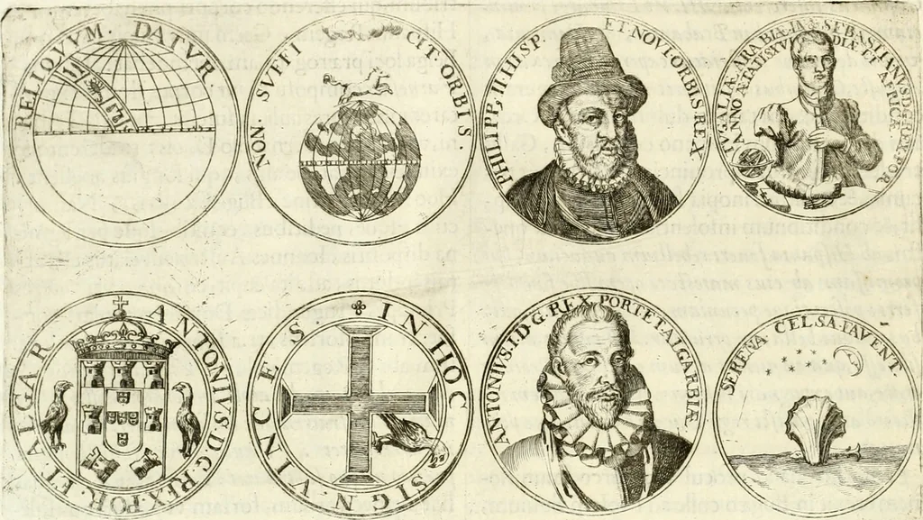 An illustration from Aquilae Austriacae pars secunda, seu, Monarchiae occidentalis tomus octauus : in quo imperatores Austrii a Maximiliano II vsquè ad coronationem Leopoldi Primi Occidentis imperatorem LI elogijs, hieroglyphicis, numismatibus, insignibus, symbolis, imaginibus antiquis ad viuum exhibentur exculpti, & longa historiarum serie exarati : vt nihil relictum sit, quod prisci vel hodierni habeant annales, sed diplomata, leges, indulta, genealogiae, donationes, priuilegia offeruntur congesta : inseruntur et regum principumque imagines, nummi honorarij, castrenses, triumphales, votiui, missiles, &c. qui sanguine, foedere, bello imperatoribus iuncti, occurrunt in opere : subijcitur cuique caesarum appendix symbolica, sacrolegalis, & historicopolitica, in qua symbolis & hieroglyphicis, are affabrè exculptis, Caesares eorumq[ue] gesta pinguntur & explanantur, 1679, leaf 61