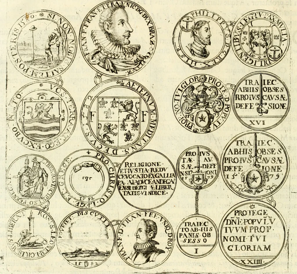 An illustration from Aquilae Austriacae pars secunda, seu, Monarchiae occidentalis tomus octauus : in quo imperatores Austrii a Maximiliano II vsquè ad coronationem Leopoldi Primi Occidentis imperatorem LI elogijs, hieroglyphicis, numismatibus, insignibus, symbolis, imaginibus antiquis ad viuum exhibentur exculpti, & longa historiarum serie exarati : vt nihil relictum sit, quod prisci vel hodierni habeant annales, sed diplomata, leges, indulta, genealogiae, donationes, priuilegia offeruntur congesta : inseruntur et regum principumque imagines, nummi honorarij, castrenses, triumphales, votiui, missiles, &c. qui sanguine, foedere, bello imperatoribus iuncti, occurrunt in opere : subijcitur cuique caesarum appendix symbolica, sacrolegalis, & historicopolitica, in qua symbolis & hieroglyphicis, are affabrè exculptis, Caesares eorumq[ue] gesta pinguntur & explanantur, 1679, leaf 63