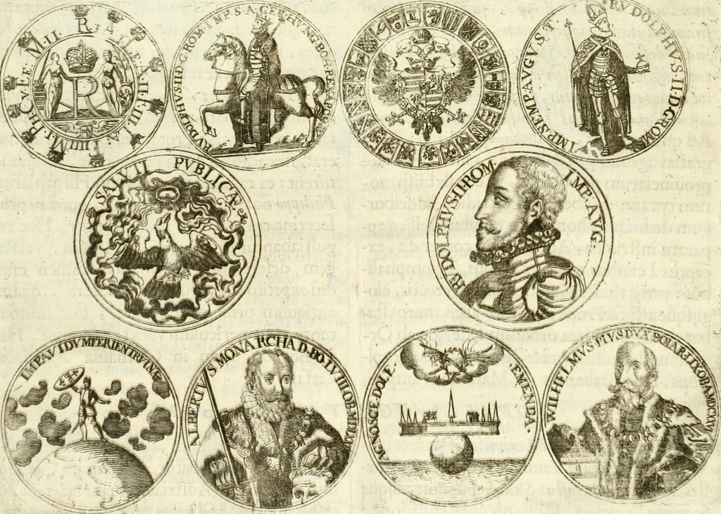 An illustration from Aquilae Austriacae pars secunda, seu, Monarchiae occidentalis tomus octauus : in quo imperatores Austrii a Maximiliano II vsquè ad coronationem Leopoldi Primi Occidentis imperatorem LI elogijs, hieroglyphicis, numismatibus, insignibus, symbolis, imaginibus antiquis ad viuum exhibentur exculpti, & longa historiarum serie exarati : vt nihil relictum sit, quod prisci vel hodierni habeant annales, sed diplomata, leges, indulta, genealogiae, donationes, priuilegia offeruntur congesta : inseruntur et regum principumque imagines, nummi honorarij, castrenses, triumphales, votiui, missiles, &c. qui sanguine, foedere, bello imperatoribus iuncti, occurrunt in opere : subijcitur cuique caesarum appendix symbolica, sacrolegalis, & historicopolitica, in qua symbolis & hieroglyphicis, are affabrè exculptis, Caesares eorumq[ue] gesta pinguntur & explanantur, 1679, leaf 65
