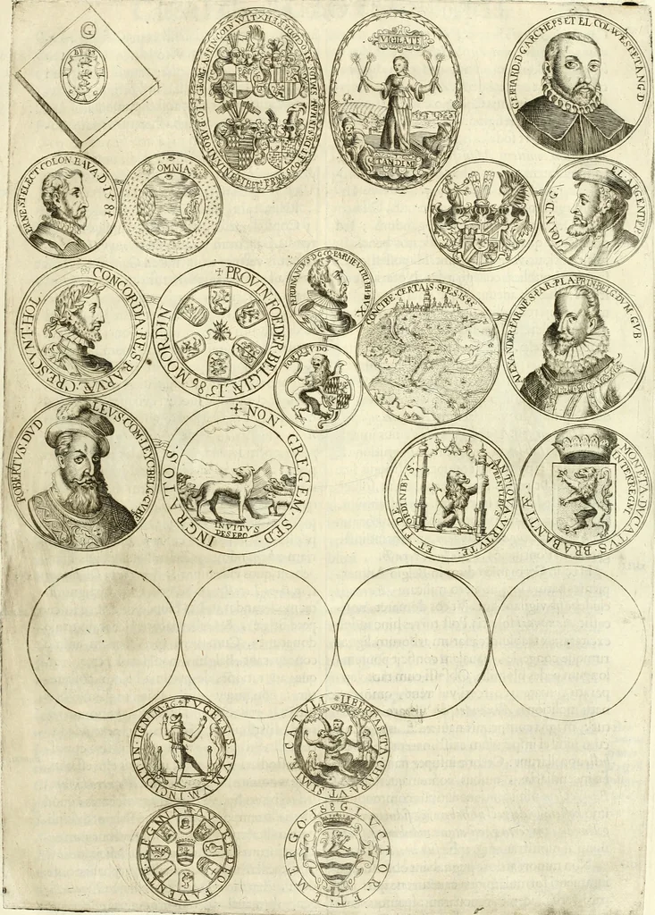 An illustration from Aquilae Austriacae pars secunda, seu, Monarchiae occidentalis tomus octauus : in quo imperatores Austrii a Maximiliano II vsquè ad coronationem Leopoldi Primi Occidentis imperatorem LI elogijs, hieroglyphicis, numismatibus, insignibus, symbolis, imaginibus antiquis ad viuum exhibentur exculpti, & longa historiarum serie exarati : vt nihil relictum sit, quod prisci vel hodierni habeant annales, sed diplomata, leges, indulta, genealogiae, donationes, priuilegia offeruntur congesta : inseruntur et regum principumque imagines, nummi honorarij, castrenses, triumphales, votiui, missiles, &c. qui sanguine, foedere, bello imperatoribus iuncti, occurrunt in opere : subijcitur cuique caesarum appendix symbolica, sacrolegalis, & historicopolitica, in qua symbolis & hieroglyphicis, are affabrè exculptis, Caesares eorumq[ue] gesta pinguntur & explanantur, 1679, leaf 68