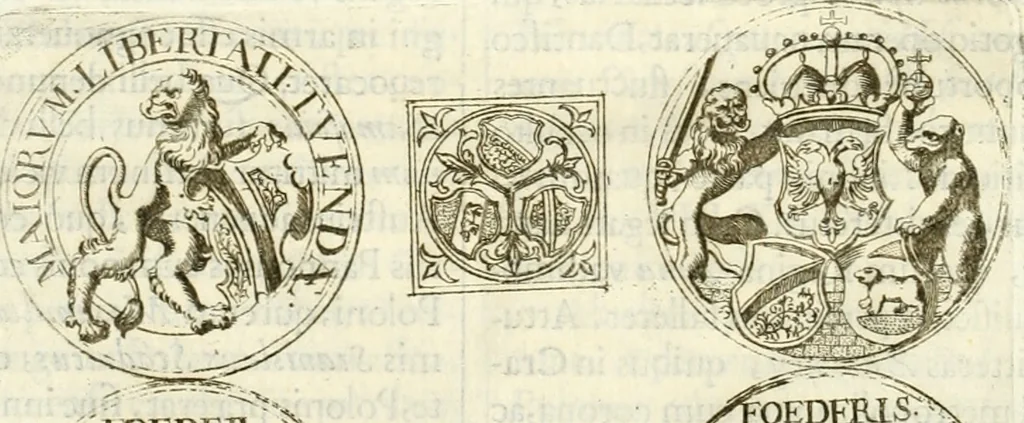 An illustration from Aquilae Austriacae pars secunda, seu, Monarchiae occidentalis tomus octauus : in quo imperatores Austrii a Maximiliano II vsquè ad coronationem Leopoldi Primi Occidentis imperatorem LI elogijs, hieroglyphicis, numismatibus, insignibus, symbolis, imaginibus antiquis ad viuum exhibentur exculpti, & longa historiarum serie exarati : vt nihil relictum sit, quod prisci vel hodierni habeant annales, sed diplomata, leges, indulta, genealogiae, donationes, priuilegia offeruntur congesta : inseruntur et regum principumque imagines, nummi honorarij, castrenses, triumphales, votiui, missiles, &c. qui sanguine, foedere, bello imperatoribus iuncti, occurrunt in opere : subijcitur cuique caesarum appendix symbolica, sacrolegalis, & historicopolitica, in qua symbolis & hieroglyphicis, are affabrè exculptis, Caesares eorumq[ue] gesta pinguntur & explanantur, 1679, leaf 73