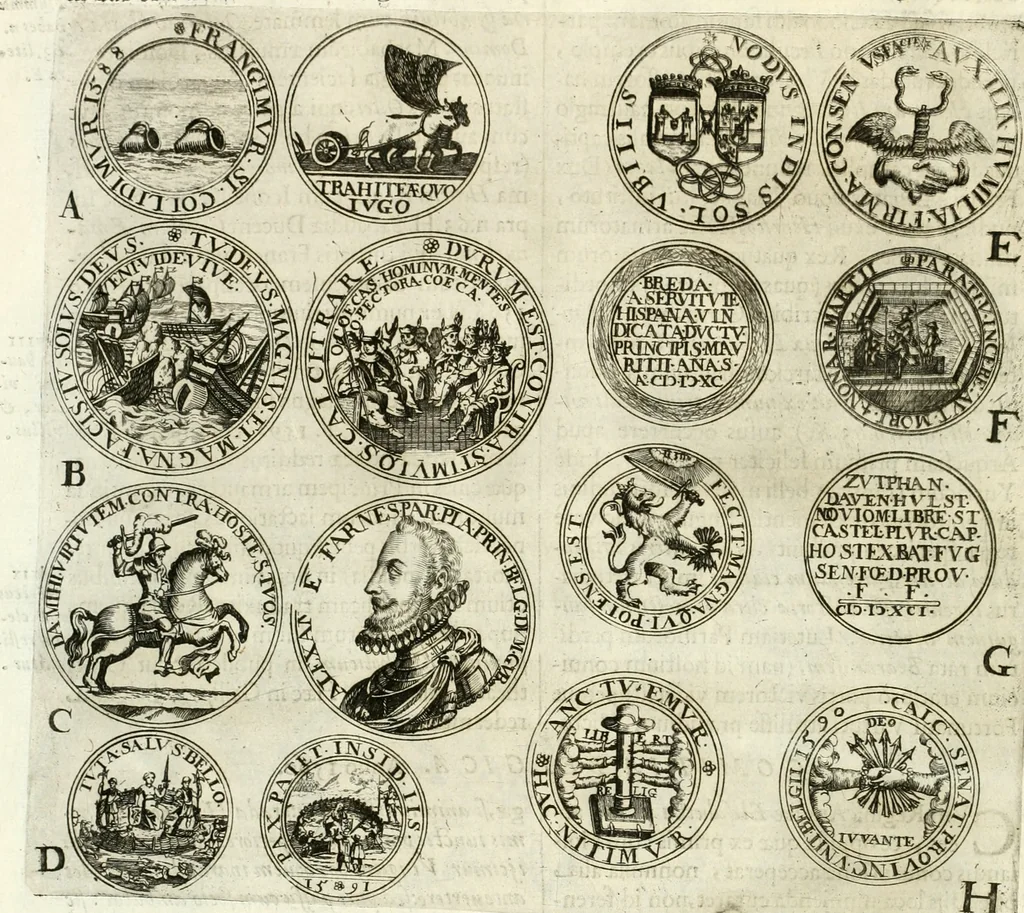 An illustration from Aquilae Austriacae pars secunda, seu, Monarchiae occidentalis tomus octauus : in quo imperatores Austrii a Maximiliano II vsquè ad coronationem Leopoldi Primi Occidentis imperatorem LI elogijs, hieroglyphicis, numismatibus, insignibus, symbolis, imaginibus antiquis ad viuum exhibentur exculpti, & longa historiarum serie exarati : vt nihil relictum sit, quod prisci vel hodierni habeant annales, sed diplomata, leges, indulta, genealogiae, donationes, priuilegia offeruntur congesta : inseruntur et regum principumque imagines, nummi honorarij, castrenses, triumphales, votiui, missiles, &c. qui sanguine, foedere, bello imperatoribus iuncti, occurrunt in opere : subijcitur cuique caesarum appendix symbolica, sacrolegalis, & historicopolitica, in qua symbolis & hieroglyphicis, are affabrè exculptis, Caesares eorumq[ue] gesta pinguntur & explanantur, 1679, leaf 77