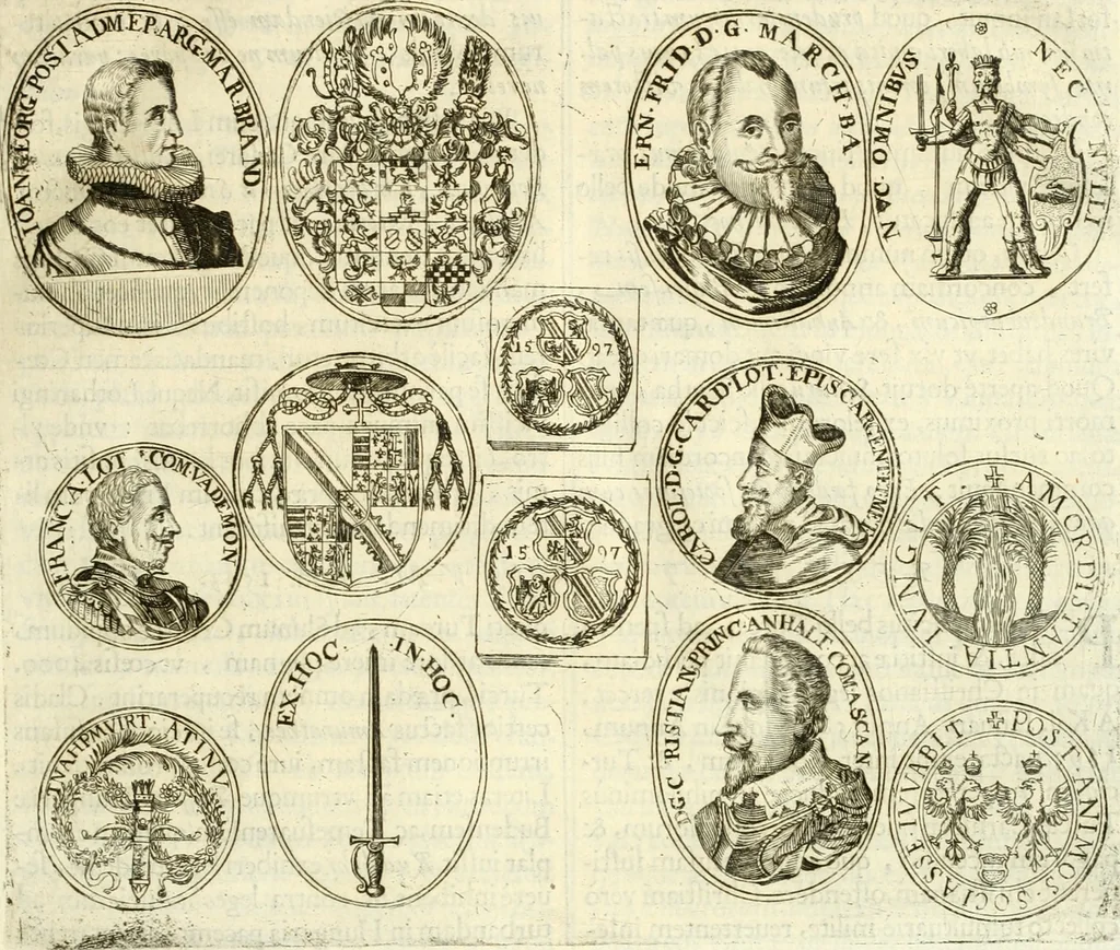 An illustration from Aquilae Austriacae pars secunda, seu, Monarchiae occidentalis tomus octauus : in quo imperatores Austrii a Maximiliano II vsquè ad coronationem Leopoldi Primi Occidentis imperatorem LI elogijs, hieroglyphicis, numismatibus, insignibus, symbolis, imaginibus antiquis ad viuum exhibentur exculpti, & longa historiarum serie exarati : vt nihil relictum sit, quod prisci vel hodierni habeant annales, sed diplomata, leges, indulta, genealogiae, donationes, priuilegia offeruntur congesta : inseruntur et regum principumque imagines, nummi honorarij, castrenses, triumphales, votiui, missiles, &c. qui sanguine, foedere, bello imperatoribus iuncti, occurrunt in opere : subijcitur cuique caesarum appendix symbolica, sacrolegalis, & historicopolitica, in qua symbolis & hieroglyphicis, are affabrè exculptis, Caesares eorumq[ue] gesta pinguntur & explanantur, 1679, leaf 80
