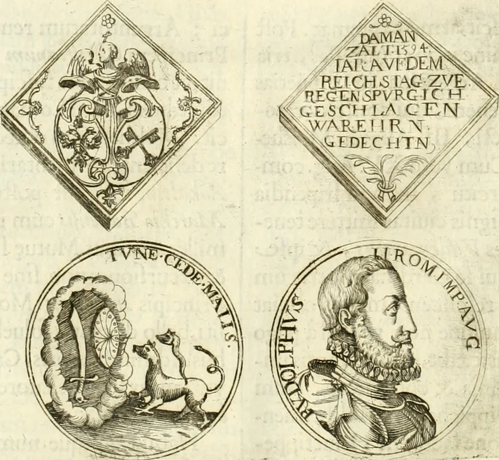 An illustration from Aquilae Austriacae pars secunda, seu, Monarchiae occidentalis tomus octauus : in quo imperatores Austrii a Maximiliano II vsquè ad coronationem Leopoldi Primi Occidentis imperatorem LI elogijs, hieroglyphicis, numismatibus, insignibus, symbolis, imaginibus antiquis ad viuum exhibentur exculpti, & longa historiarum serie exarati : vt nihil relictum sit, quod prisci vel hodierni habeant annales, sed diplomata, leges, indulta, genealogiae, donationes, priuilegia offeruntur congesta : inseruntur et regum principumque imagines, nummi honorarij, castrenses, triumphales, votiui, missiles, &c. qui sanguine, foedere, bello imperatoribus iuncti, occurrunt in opere : subijcitur cuique caesarum appendix symbolica, sacrolegalis, & historicopolitica, in qua symbolis & hieroglyphicis, are affabrè exculptis, Caesares eorumq[ue] gesta pinguntur & explanantur, 1679, leaf 81