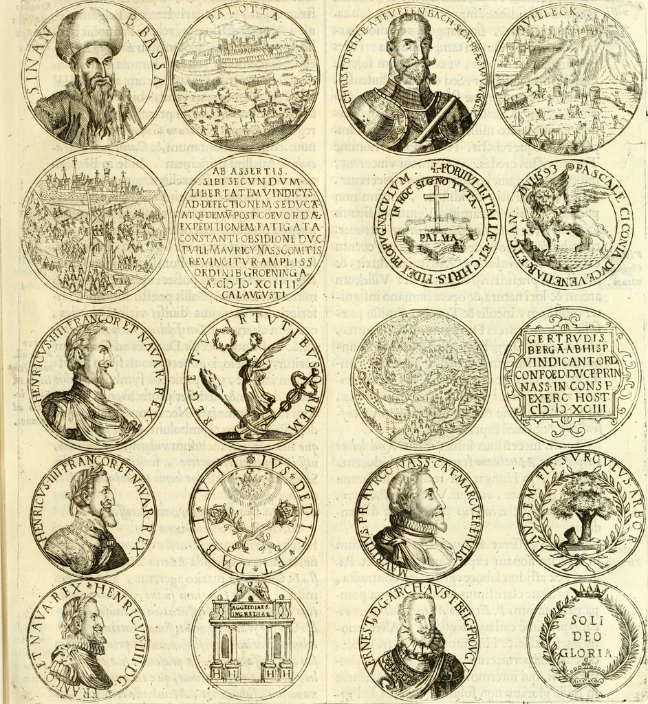 An illustration from Aquilae Austriacae pars secunda, seu, Monarchiae occidentalis tomus octauus : in quo imperatores Austrii a Maximiliano II vsquè ad coronationem Leopoldi Primi Occidentis imperatorem LI elogijs, hieroglyphicis, numismatibus, insignibus, symbolis, imaginibus antiquis ad viuum exhibentur exculpti, & longa historiarum serie exarati : vt nihil relictum sit, quod prisci vel hodierni habeant annales, sed diplomata, leges, indulta, genealogiae, donationes, priuilegia offeruntur congesta : inseruntur et regum principumque imagines, nummi honorarij, castrenses, triumphales, votiui, missiles, &c. qui sanguine, foedere, bello imperatoribus iuncti, occurrunt in opere : subijcitur cuique caesarum appendix symbolica, sacrolegalis, & historicopolitica, in qua symbolis & hieroglyphicis, are affabrè exculptis, Caesares eorumq[ue] gesta pinguntur & explanantur, 1679, leaf 84