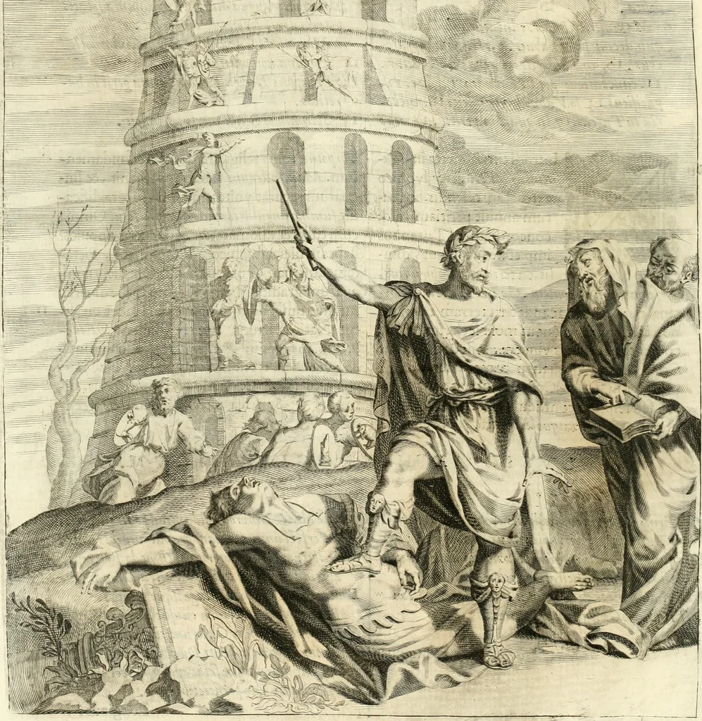An illustration from Aquilae Austriacae pars secunda, seu, Monarchiae occidentalis tomus octauus : in quo imperatores Austrii a Maximiliano II vsquè ad coronationem Leopoldi Primi Occidentis imperatorem LI elogijs, hieroglyphicis, numismatibus, insignibus, symbolis, imaginibus antiquis ad viuum exhibentur exculpti, & longa historiarum serie exarati : vt nihil relictum sit, quod prisci vel hodierni habeant annales, sed diplomata, leges, indulta, genealogiae, donationes, priuilegia offeruntur congesta : inseruntur et regum principumque imagines, nummi honorarij, castrenses, triumphales, votiui, missiles, &c. qui sanguine, foedere, bello imperatoribus iuncti, occurrunt in opere : subijcitur cuique caesarum appendix symbolica, sacrolegalis, & historicopolitica, in qua symbolis & hieroglyphicis, are affabrè exculptis, Caesares eorumq[ue] gesta pinguntur & explanantur, 1679, leaf 9