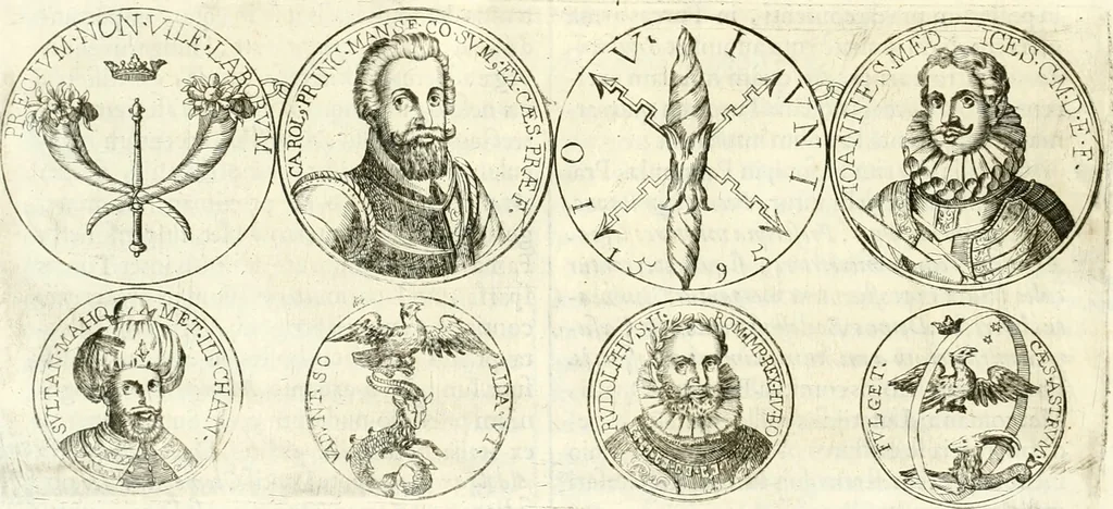 An illustration from Aquilae Austriacae pars secunda, seu, Monarchiae occidentalis tomus octauus : in quo imperatores Austrii a Maximiliano II vsquè ad coronationem Leopoldi Primi Occidentis imperatorem LI elogijs, hieroglyphicis, numismatibus, insignibus, symbolis, imaginibus antiquis ad viuum exhibentur exculpti, & longa historiarum serie exarati : vt nihil relictum sit, quod prisci vel hodierni habeant annales, sed diplomata, leges, indulta, genealogiae, donationes, priuilegia offeruntur congesta : inseruntur et regum principumque imagines, nummi honorarij, castrenses, triumphales, votiui, missiles, &c. qui sanguine, foedere, bello imperatoribus iuncti, occurrunt in opere : subijcitur cuique caesarum appendix symbolica, sacrolegalis, & historicopolitica, in qua symbolis & hieroglyphicis, are affabrè exculptis, Caesares eorumq[ue] gesta pinguntur & explanantur, 1679, leaf 91