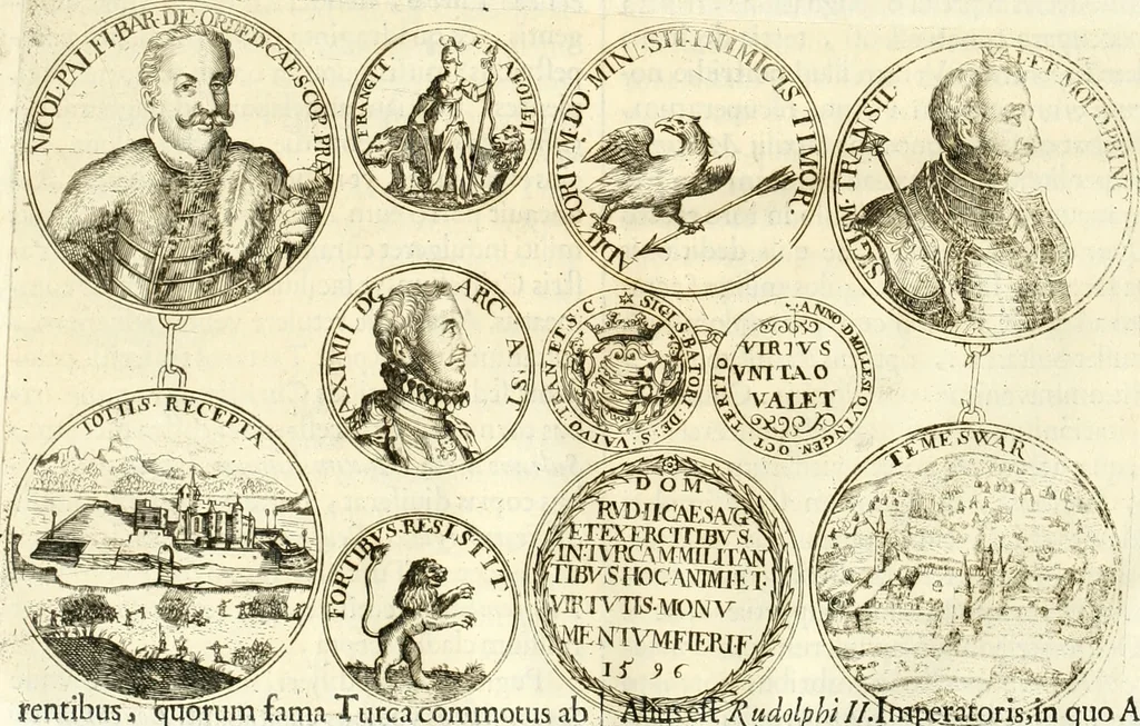An illustration from Aquilae Austriacae pars secunda, seu, Monarchiae occidentalis tomus octauus : in quo imperatores Austrii a Maximiliano II vsquè ad coronationem Leopoldi Primi Occidentis imperatorem LI elogijs, hieroglyphicis, numismatibus, insignibus, symbolis, imaginibus antiquis ad viuum exhibentur exculpti, & longa historiarum serie exarati : vt nihil relictum sit, quod prisci vel hodierni habeant annales, sed diplomata, leges, indulta, genealogiae, donationes, priuilegia offeruntur congesta : inseruntur et regum principumque imagines, nummi honorarij, castrenses, triumphales, votiui, missiles, &c. qui sanguine, foedere, bello imperatoribus iuncti, occurrunt in opere : subijcitur cuique caesarum appendix symbolica, sacrolegalis, & historicopolitica, in qua symbolis & hieroglyphicis, are affabrè exculptis, Caesares eorumq[ue] gesta pinguntur & explanantur, 1679, leaf 97