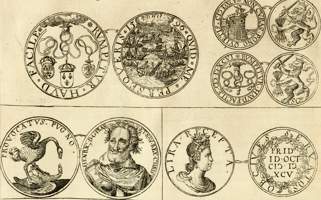 An illustration from Aquilae Austriacae pars secunda, seu, Monarchiae occidentalis tomus octauus : in quo imperatores Austrii a Maximiliano II vsquè ad coronationem Leopoldi Primi Occidentis imperatorem LI elogijs, hieroglyphicis, numismatibus, insignibus, symbolis, imaginibus antiquis ad viuum exhibentur exculpti, & longa historiarum serie exarati : vt nihil relictum sit, quod prisci vel hodierni habeant annales, sed diplomata, leges, indulta, genealogiae, donationes, priuilegia offeruntur congesta : inseruntur et regum principumque imagines, nummi honorarij, castrenses, triumphales, votiui, missiles, &c. qui sanguine, foedere, bello imperatoribus iuncti, occurrunt in opere : subijcitur cuique caesarum appendix symbolica, sacrolegalis, & historicopolitica, in qua symbolis & hieroglyphicis, are affabrè exculptis, Caesares eorumq[ue] gesta pinguntur & explanantur, 1679, leaf 99