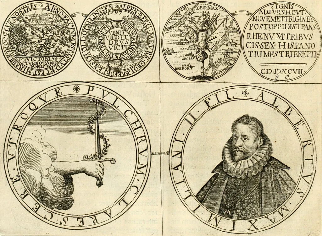 An illustration from Aquilae Austriacae pars secunda, seu, Monarchiae occidentalis tomus octauus : in quo imperatores Austrii a Maximiliano II vsquè ad coronationem Leopoldi Primi Occidentis imperatorem LI elogijs, hieroglyphicis, numismatibus, insignibus, symbolis, imaginibus antiquis ad viuum exhibentur exculpti, & longa historiarum serie exarati : vt nihil relictum sit, quod prisci vel hodierni habeant annales, sed diplomata, leges, indulta, genealogiae, donationes, priuilegia offeruntur congesta : inseruntur et regum principumque imagines, nummi honorarij, castrenses, triumphales, votiui, missiles, &c. qui sanguine, foedere, bello imperatoribus iuncti, occurrunt in opere : subijcitur cuique caesarum appendix symbolica, sacrolegalis, & historicopolitica, in qua symbolis & hieroglyphicis, are affabrè exculptis, Caesares eorumq[ue] gesta pinguntur & explanantur, 1679, leaf 99
