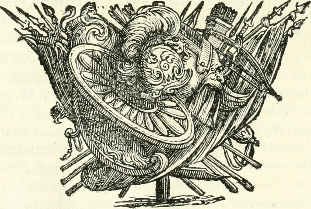 An illustration from Aquila franca sub qua Francones imperatores a Conrado II Salico vsquè ad Lotharium II Occidentis imperatorem XX : elogiis, hieroglyphicis, numismatibus, insignibus, symbolis, imaginibus antiquis ad viuum exhibentur exculpti, & longa historiarum serie exarati : vt nihil relictum sit, quod prisci vel hodierni habeant annales, sed diplomata, leges, indulta, genealogiae, donationes, priuilegia offeruntur congesta : inseruntur et regum principumque imagines, nummi honorarij, castrenses, triumphales, votiui, missiles, &c. qui sanguine, foedere, bello imperatoribus iuncti, occurrunt in opere : accedit cuique Caesarum tractatus sacrolegalis, & historicopoliticus ..., 1679, leaf 123