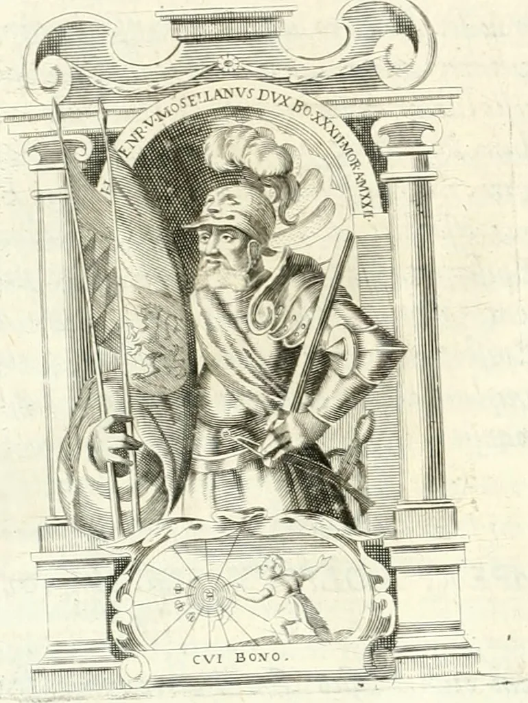 An illustration from Aquila franca sub qua Francones imperatores a Conrado II Salico vsquè ad Lotharium II Occidentis imperatorem XX : elogiis, hieroglyphicis, numismatibus, insignibus, symbolis, imaginibus antiquis ad viuum exhibentur exculpti, & longa historiarum serie exarati : vt nihil relictum sit, quod prisci vel hodierni habeant annales, sed diplomata, leges, indulta, genealogiae, donationes, priuilegia offeruntur congesta : inseruntur et regum principumque imagines, nummi honorarij, castrenses, triumphales, votiui, missiles, &c. qui sanguine, foedere, bello imperatoribus iuncti, occurrunt in opere : accedit cuique Caesarum tractatus sacrolegalis, & historicopoliticus ..., 1679, leaf 23