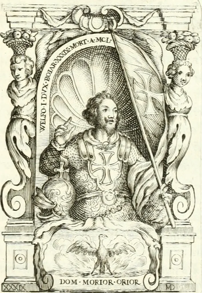 An illustration from Aquila franca sub qua Francones imperatores a Conrado II Salico vsquè ad Lotharium II Occidentis imperatorem XX : elogiis, hieroglyphicis, numismatibus, insignibus, symbolis, imaginibus antiquis ad viuum exhibentur exculpti, & longa historiarum serie exarati : vt nihil relictum sit, quod prisci vel hodierni habeant annales, sed diplomata, leges, indulta, genealogiae, donationes, priuilegia offeruntur congesta : inseruntur et regum principumque imagines, nummi honorarij, castrenses, triumphales, votiui, missiles, &c. qui sanguine, foedere, bello imperatoribus iuncti, occurrunt in opere : accedit cuique Caesarum tractatus sacrolegalis, & historicopoliticus ..., 1679, leaf 262