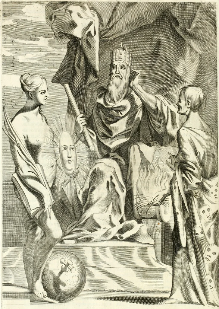 An illustration from Aquila franca sub qua Francones imperatores a Conrado II Salico vsquè ad Lotharium II Occidentis imperatorem XX : elogiis, hieroglyphicis, numismatibus, insignibus, symbolis, imaginibus antiquis ad viuum exhibentur exculpti, & longa historiarum serie exarati : vt nihil relictum sit, quod prisci vel hodierni habeant annales, sed diplomata, leges, indulta, genealogiae, donationes, priuilegia offeruntur congesta : inseruntur et regum principumque imagines, nummi honorarij, castrenses, triumphales, votiui, missiles, &c. qui sanguine, foedere, bello imperatoribus iuncti, occurrunt in opere : accedit cuique Caesarum tractatus sacrolegalis, & historicopoliticus ..., 1679, leaf 311
