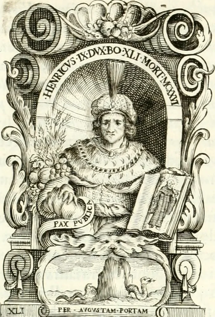 An illustration from Aquila franca sub qua Francones imperatores a Conrado II Salico vsquè ad Lotharium II Occidentis imperatorem XX : elogiis, hieroglyphicis, numismatibus, insignibus, symbolis, imaginibus antiquis ad viuum exhibentur exculpti, & longa historiarum serie exarati : vt nihil relictum sit, quod prisci vel hodierni habeant annales, sed diplomata, leges, indulta, genealogiae, donationes, priuilegia offeruntur congesta : inseruntur et regum principumque imagines, nummi honorarij, castrenses, triumphales, votiui, missiles, &c. qui sanguine, foedere, bello imperatoribus iuncti, occurrunt in opere : accedit cuique Caesarum tractatus sacrolegalis, & historicopoliticus ..., 1679, leaf 319