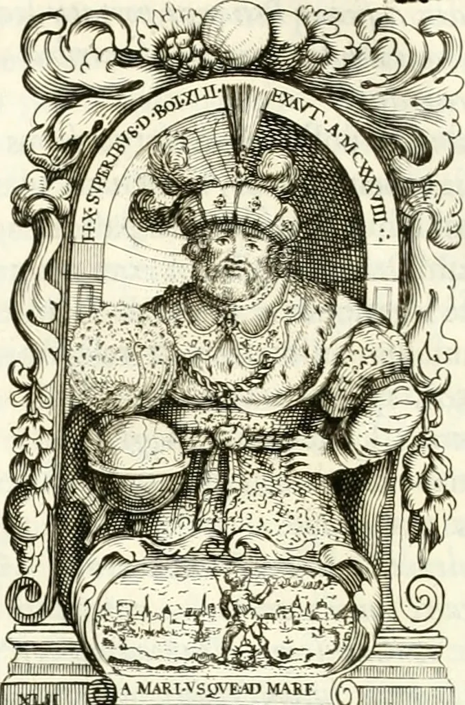 An illustration from Aquila franca sub qua Francones imperatores a Conrado II Salico vsquè ad Lotharium II Occidentis imperatorem XX : elogiis, hieroglyphicis, numismatibus, insignibus, symbolis, imaginibus antiquis ad viuum exhibentur exculpti, & longa historiarum serie exarati : vt nihil relictum sit, quod prisci vel hodierni habeant annales, sed diplomata, leges, indulta, genealogiae, donationes, priuilegia offeruntur congesta : inseruntur et regum principumque imagines, nummi honorarij, castrenses, triumphales, votiui, missiles, &c. qui sanguine, foedere, bello imperatoribus iuncti, occurrunt in opere : accedit cuique Caesarum tractatus sacrolegalis, & historicopoliticus ..., 1679, leaf 319