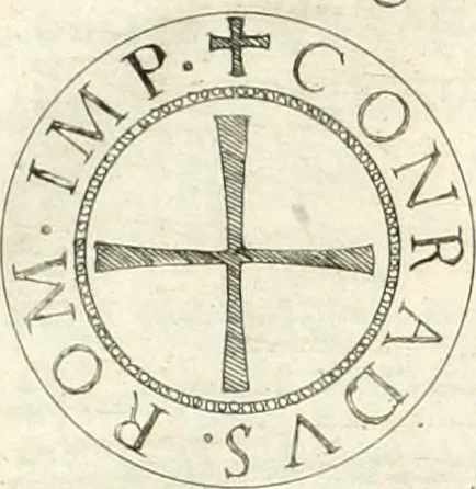 An illustration from Aquila franca sub qua Francones imperatores a Conrado II Salico vsquè ad Lotharium II Occidentis imperatorem XX : elogiis, hieroglyphicis, numismatibus, insignibus, symbolis, imaginibus antiquis ad viuum exhibentur exculpti, & longa historiarum serie exarati : vt nihil relictum sit, quod prisci vel hodierni habeant annales, sed diplomata, leges, indulta, genealogiae, donationes, priuilegia offeruntur congesta : inseruntur et regum principumque imagines, nummi honorarij, castrenses, triumphales, votiui, missiles, &c. qui sanguine, foedere, bello imperatoribus iuncti, occurrunt in opere : accedit cuique Caesarum tractatus sacrolegalis, & historicopoliticus ..., 1679, leaf 47