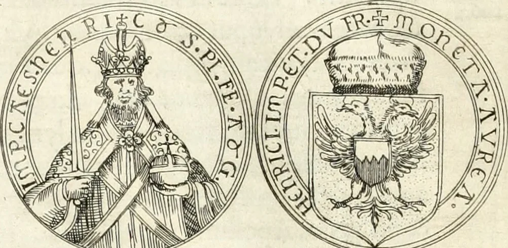 An illustration from Aquila franca sub qua Francones imperatores a Conrado II Salico vsquè ad Lotharium II Occidentis imperatorem XX : elogiis, hieroglyphicis, numismatibus, insignibus, symbolis, imaginibus antiquis ad viuum exhibentur exculpti, & longa historiarum serie exarati : vt nihil relictum sit, quod prisci vel hodierni habeant annales, sed diplomata, leges, indulta, genealogiae, donationes, priuilegia offeruntur congesta : inseruntur et regum principumque imagines, nummi honorarij, castrenses, triumphales, votiui, missiles, &c. qui sanguine, foedere, bello imperatoribus iuncti, occurrunt in opere : accedit cuique Caesarum tractatus sacrolegalis, & historicopoliticus ..., 1679, leaf 47