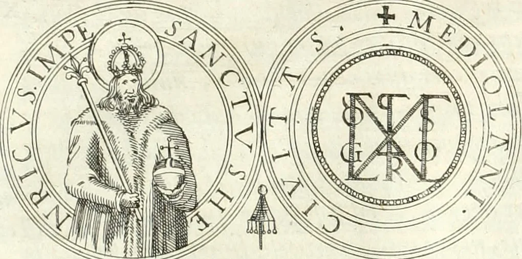 An illustration from Aquila franca sub qua Francones imperatores a Conrado II Salico vsquè ad Lotharium II Occidentis imperatorem XX : elogiis, hieroglyphicis, numismatibus, insignibus, symbolis, imaginibus antiquis ad viuum exhibentur exculpti, & longa historiarum serie exarati : vt nihil relictum sit, quod prisci vel hodierni habeant annales, sed diplomata, leges, indulta, genealogiae, donationes, priuilegia offeruntur congesta : inseruntur et regum principumque imagines, nummi honorarij, castrenses, triumphales, votiui, missiles, &c. qui sanguine, foedere, bello imperatoribus iuncti, occurrunt in opere : accedit cuique Caesarum tractatus sacrolegalis, & historicopoliticus ..., 1679, leaf 47