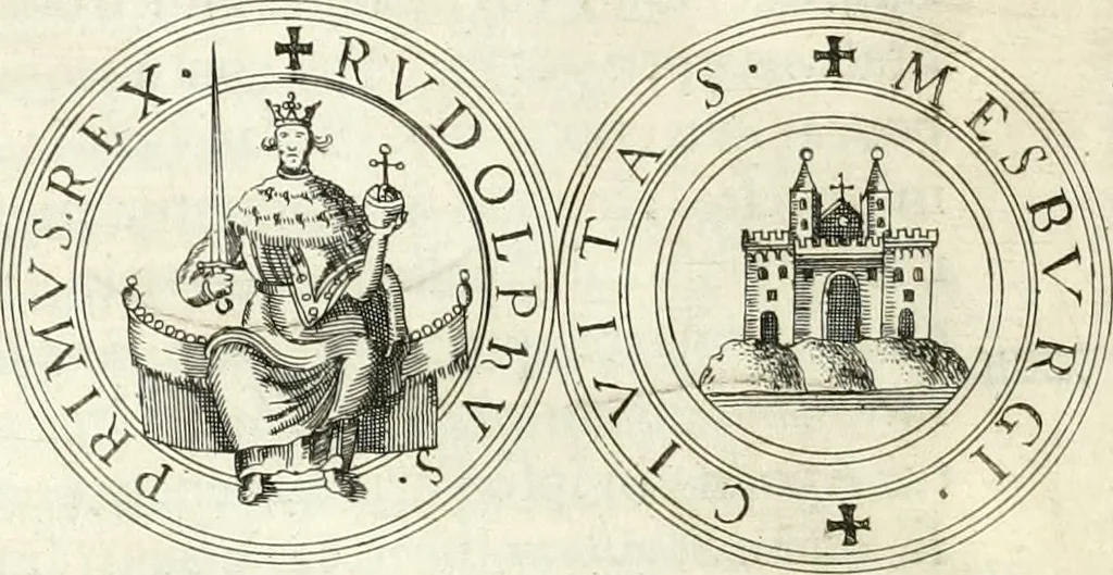 An illustration from Aquila franca sub qua Francones imperatores a Conrado II Salico vsquè ad Lotharium II Occidentis imperatorem XX : elogiis, hieroglyphicis, numismatibus, insignibus, symbolis, imaginibus antiquis ad viuum exhibentur exculpti, & longa historiarum serie exarati : vt nihil relictum sit, quod prisci vel hodierni habeant annales, sed diplomata, leges, indulta, genealogiae, donationes, priuilegia offeruntur congesta : inseruntur et regum principumque imagines, nummi honorarij, castrenses, triumphales, votiui, missiles, &c. qui sanguine, foedere, bello imperatoribus iuncti, occurrunt in opere : accedit cuique Caesarum tractatus sacrolegalis, & historicopoliticus ..., 1679, leaf 47