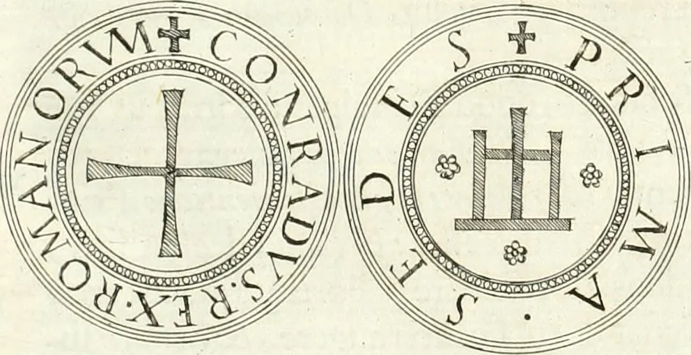 An illustration from Aquila franca sub qua Francones imperatores a Conrado II Salico vsquè ad Lotharium II Occidentis imperatorem XX : elogiis, hieroglyphicis, numismatibus, insignibus, symbolis, imaginibus antiquis ad viuum exhibentur exculpti, & longa historiarum serie exarati : vt nihil relictum sit, quod prisci vel hodierni habeant annales, sed diplomata, leges, indulta, genealogiae, donationes, priuilegia offeruntur congesta : inseruntur et regum principumque imagines, nummi honorarij, castrenses, triumphales, votiui, missiles, &c. qui sanguine, foedere, bello imperatoribus iuncti, occurrunt in opere : accedit cuique Caesarum tractatus sacrolegalis, & historicopoliticus ..., 1679, leaf 47
