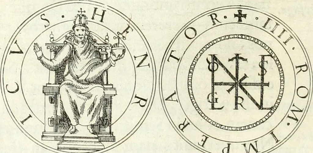 An illustration from Aquila franca sub qua Francones imperatores a Conrado II Salico vsquè ad Lotharium II Occidentis imperatorem XX : elogiis, hieroglyphicis, numismatibus, insignibus, symbolis, imaginibus antiquis ad viuum exhibentur exculpti, & longa historiarum serie exarati : vt nihil relictum sit, quod prisci vel hodierni habeant annales, sed diplomata, leges, indulta, genealogiae, donationes, priuilegia offeruntur congesta : inseruntur et regum principumque imagines, nummi honorarij, castrenses, triumphales, votiui, missiles, &c. qui sanguine, foedere, bello imperatoribus iuncti, occurrunt in opere : accedit cuique Caesarum tractatus sacrolegalis, & historicopoliticus ..., 1679, leaf 47