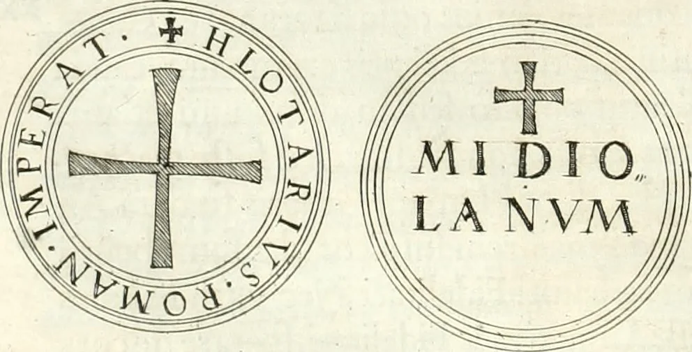 An illustration from Aquila franca sub qua Francones imperatores a Conrado II Salico vsquè ad Lotharium II Occidentis imperatorem XX : elogiis, hieroglyphicis, numismatibus, insignibus, symbolis, imaginibus antiquis ad viuum exhibentur exculpti, & longa historiarum serie exarati : vt nihil relictum sit, quod prisci vel hodierni habeant annales, sed diplomata, leges, indulta, genealogiae, donationes, priuilegia offeruntur congesta : inseruntur et regum principumque imagines, nummi honorarij, castrenses, triumphales, votiui, missiles, &c. qui sanguine, foedere, bello imperatoribus iuncti, occurrunt in opere : accedit cuique Caesarum tractatus sacrolegalis, & historicopoliticus ..., 1679, leaf 47
