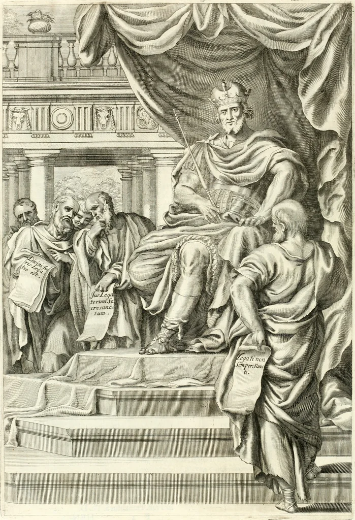 An illustration from Aquila franca sub qua Francones imperatores a Conrado II Salico vsquè ad Lotharium II Occidentis imperatorem XX : elogiis, hieroglyphicis, numismatibus, insignibus, symbolis, imaginibus antiquis ad viuum exhibentur exculpti, & longa historiarum serie exarati : vt nihil relictum sit, quod prisci vel hodierni habeant annales, sed diplomata, leges, indulta, genealogiae, donationes, priuilegia offeruntur congesta : inseruntur et regum principumque imagines, nummi honorarij, castrenses, triumphales, votiui, missiles, &c. qui sanguine, foedere, bello imperatoribus iuncti, occurrunt in opere : accedit cuique Caesarum tractatus sacrolegalis, & historicopoliticus ..., 1679, leaf 49