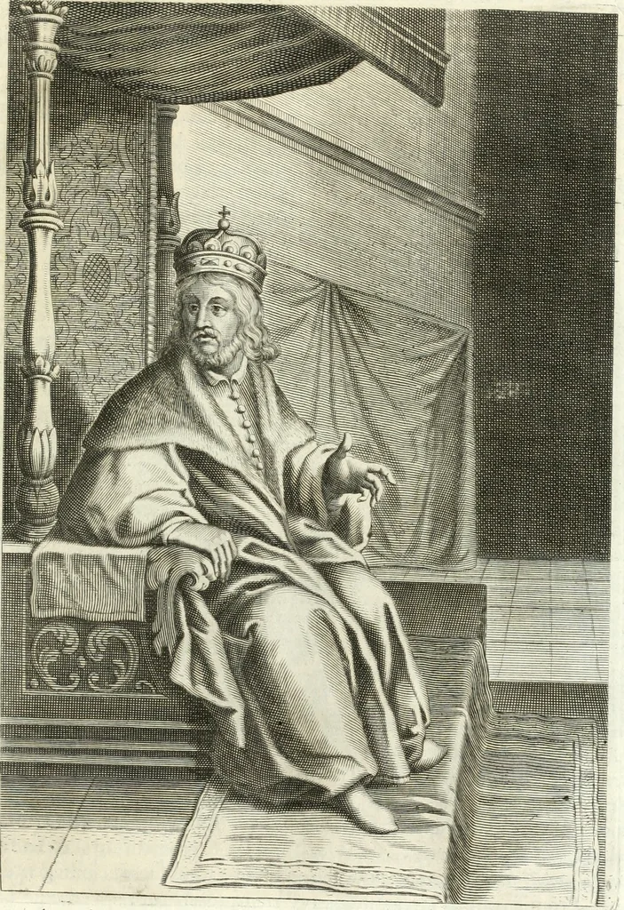 An illustration from Aquila franca sub qua Francones imperatores a Conrado II Salico vsquè ad Lotharium II Occidentis imperatorem XX : elogiis, hieroglyphicis, numismatibus, insignibus, symbolis, imaginibus antiquis ad viuum exhibentur exculpti, & longa historiarum serie exarati : vt nihil relictum sit, quod prisci vel hodierni habeant annales, sed diplomata, leges, indulta, genealogiae, donationes, priuilegia offeruntur congesta : inseruntur et regum principumque imagines, nummi honorarij, castrenses, triumphales, votiui, missiles, &c. qui sanguine, foedere, bello imperatoribus iuncti, occurrunt in opere : accedit cuique Caesarum tractatus sacrolegalis, & historicopoliticus ..., 1679, leaf 56