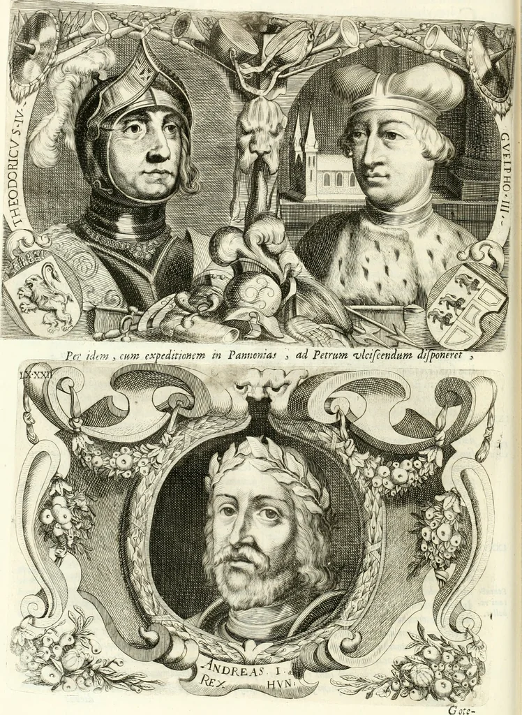 An illustration from Aquila franca sub qua Francones imperatores a Conrado II Salico vsquè ad Lotharium II Occidentis imperatorem XX : elogiis, hieroglyphicis, numismatibus, insignibus, symbolis, imaginibus antiquis ad viuum exhibentur exculpti, & longa historiarum serie exarati : vt nihil relictum sit, quod prisci vel hodierni habeant annales, sed diplomata, leges, indulta, genealogiae, donationes, priuilegia offeruntur congesta : inseruntur et regum principumque imagines, nummi honorarij, castrenses, triumphales, votiui, missiles, &c. qui sanguine, foedere, bello imperatoribus iuncti, occurrunt in opere : accedit cuique Caesarum tractatus sacrolegalis, & historicopoliticus ..., 1679, leaf 69