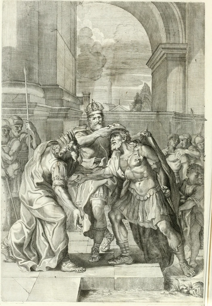 An illustration from Aquila franca sub qua Francones imperatores a Conrado II Salico vsquè ad Lotharium II Occidentis imperatorem XX : elogiis, hieroglyphicis, numismatibus, insignibus, symbolis, imaginibus antiquis ad viuum exhibentur exculpti, & longa historiarum serie exarati : vt nihil relictum sit, quod prisci vel hodierni habeant annales, sed diplomata, leges, indulta, genealogiae, donationes, priuilegia offeruntur congesta : inseruntur et regum principumque imagines, nummi honorarij, castrenses, triumphales, votiui, missiles, &c. qui sanguine, foedere, bello imperatoribus iuncti, occurrunt in opere : accedit cuique Caesarum tractatus sacrolegalis, & historicopoliticus ..., 1679, leaf 7