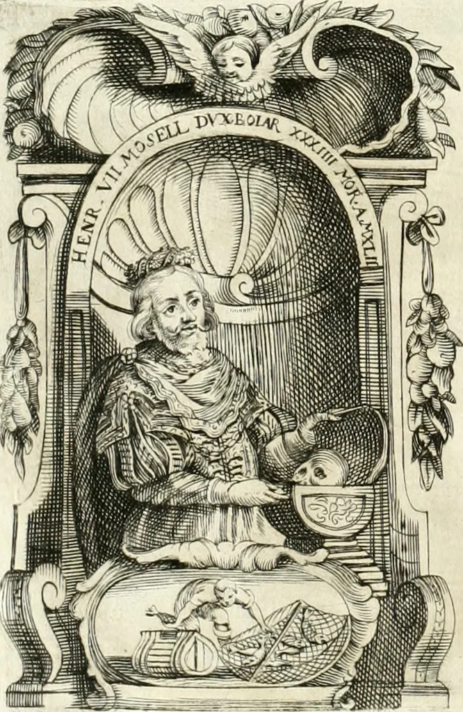 An illustration from Aquila franca sub qua Francones imperatores a Conrado II Salico vsquè ad Lotharium II Occidentis imperatorem XX : elogiis, hieroglyphicis, numismatibus, insignibus, symbolis, imaginibus antiquis ad viuum exhibentur exculpti, & longa historiarum serie exarati : vt nihil relictum sit, quod prisci vel hodierni habeant annales, sed diplomata, leges, indulta, genealogiae, donationes, priuilegia offeruntur congesta : inseruntur et regum principumque imagines, nummi honorarij, castrenses, triumphales, votiui, missiles, &c. qui sanguine, foedere, bello imperatoribus iuncti, occurrunt in opere : accedit cuique Caesarum tractatus sacrolegalis, & historicopoliticus ..., 1679, leaf 71