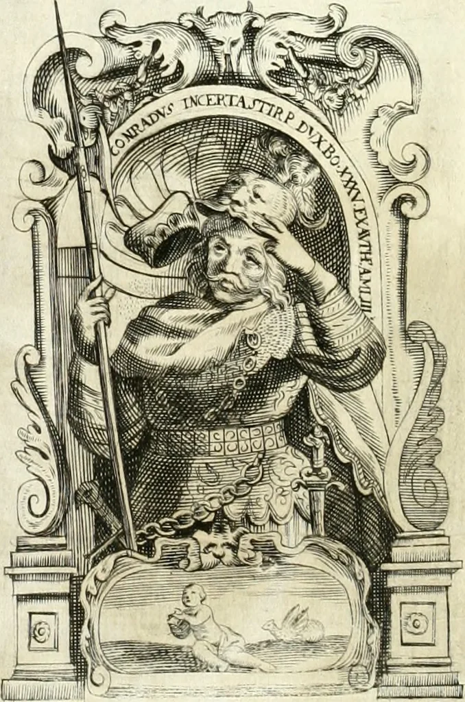An illustration from Aquila franca sub qua Francones imperatores a Conrado II Salico vsquè ad Lotharium II Occidentis imperatorem XX : elogiis, hieroglyphicis, numismatibus, insignibus, symbolis, imaginibus antiquis ad viuum exhibentur exculpti, & longa historiarum serie exarati : vt nihil relictum sit, quod prisci vel hodierni habeant annales, sed diplomata, leges, indulta, genealogiae, donationes, priuilegia offeruntur congesta : inseruntur et regum principumque imagines, nummi honorarij, castrenses, triumphales, votiui, missiles, &c. qui sanguine, foedere, bello imperatoribus iuncti, occurrunt in opere : accedit cuique Caesarum tractatus sacrolegalis, & historicopoliticus ..., 1679, leaf 71