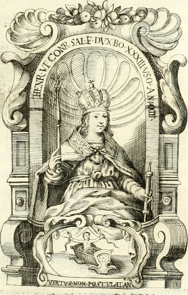 An illustration from Aquila franca sub qua Francones imperatores a Conrado II Salico vsquè ad Lotharium II Occidentis imperatorem XX : elogiis, hieroglyphicis, numismatibus, insignibus, symbolis, imaginibus antiquis ad viuum exhibentur exculpti, & longa historiarum serie exarati : vt nihil relictum sit, quod prisci vel hodierni habeant annales, sed diplomata, leges, indulta, genealogiae, donationes, priuilegia offeruntur congesta : inseruntur et regum principumque imagines, nummi honorarij, castrenses, triumphales, votiui, missiles, &c. qui sanguine, foedere, bello imperatoribus iuncti, occurrunt in opere : accedit cuique Caesarum tractatus sacrolegalis, & historicopoliticus ..., 1679, leaf 80
